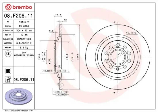 Bremsscheibe Hinterachse BREMBO 08.F206.11 Bild Bremsscheibe Hinterachse BREMBO 08.F206.11