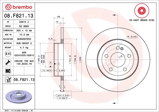 Bremsscheibe Hinterachse BREMBO 08.F821.13 Bild Bremsscheibe Hinterachse BREMBO 08.F821.13