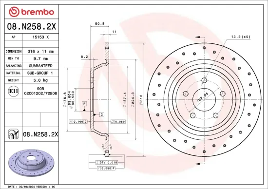 Bremsscheibe Hinterachse BREMBO 08.N258.2X Bild Bremsscheibe Hinterachse BREMBO 08.N258.2X