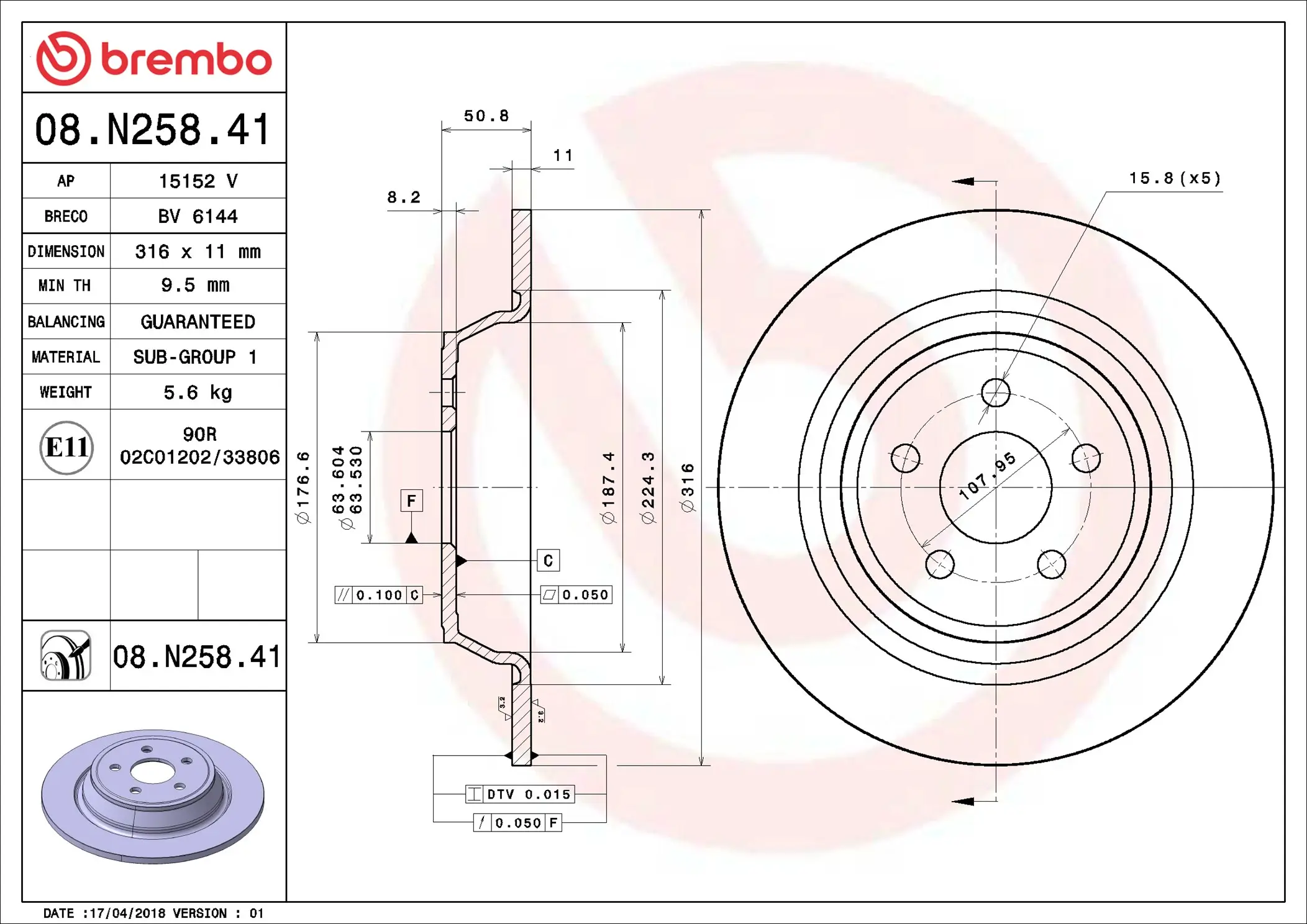 Bremsscheibe Hinterachse BREMBO 08.N258.41