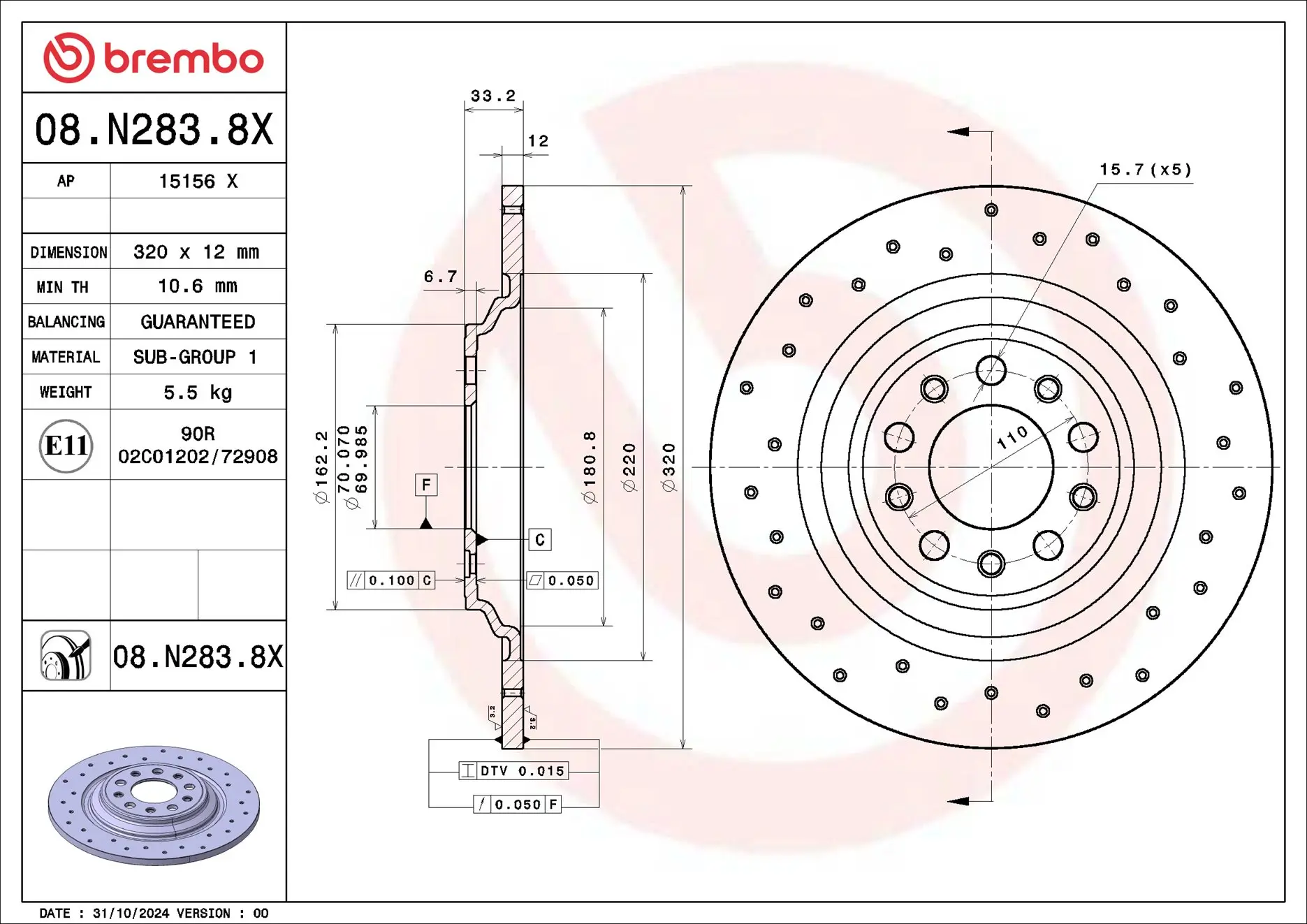 Bremsscheibe Hinterachse BREMBO 08.N283.8X