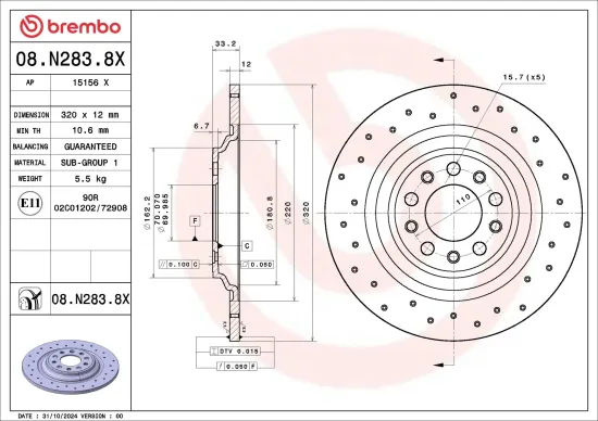 Bremsscheibe Hinterachse BREMBO 08.N283.8X Bild Bremsscheibe Hinterachse BREMBO 08.N283.8X