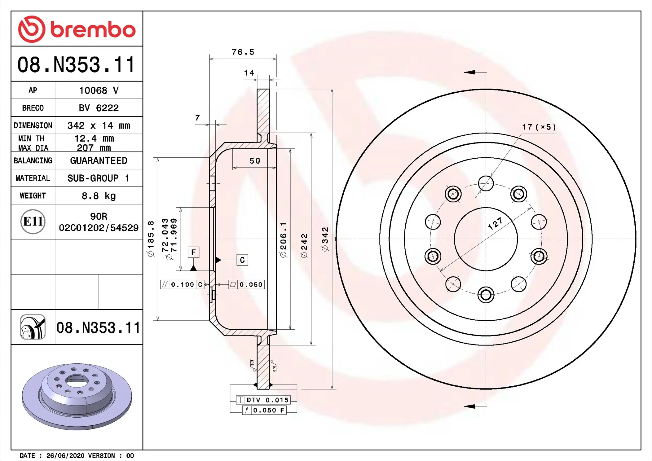 Bremsscheibe Hinterachse BREMBO 08.N353.11