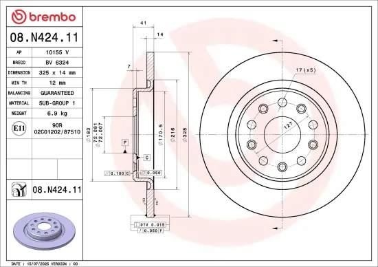 Bremsscheibe Hinterachse BREMBO 08.N424.11 Bild Bremsscheibe Hinterachse BREMBO 08.N424.11
