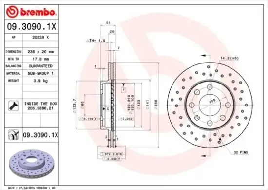 Bremsscheibe Vorderachse BREMBO 09.3090.1X Bild Bremsscheibe Vorderachse BREMBO 09.3090.1X