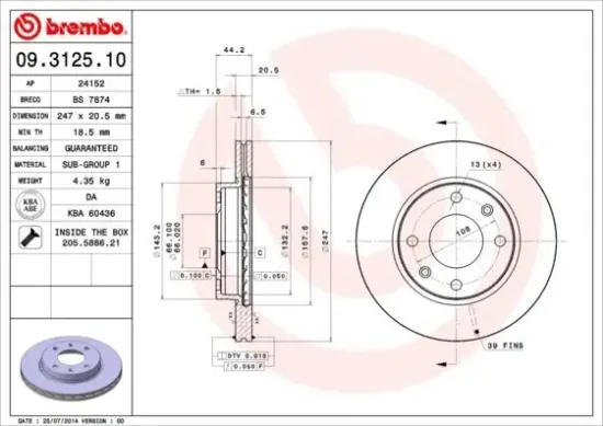 Bremsscheibe BREMBO 09.3125.10 Bild Bremsscheibe BREMBO 09.3125.10