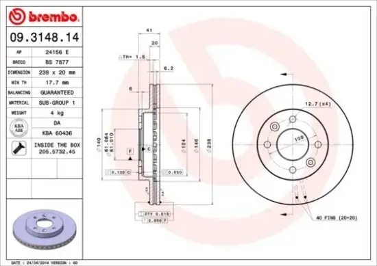 Bremsscheibe BREMBO 09.3148.14 Bild Bremsscheibe BREMBO 09.3148.14