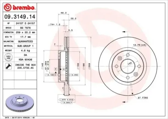 Bremsscheibe Vorderachse BREMBO 09.3149.14 Bild Bremsscheibe Vorderachse BREMBO 09.3149.14