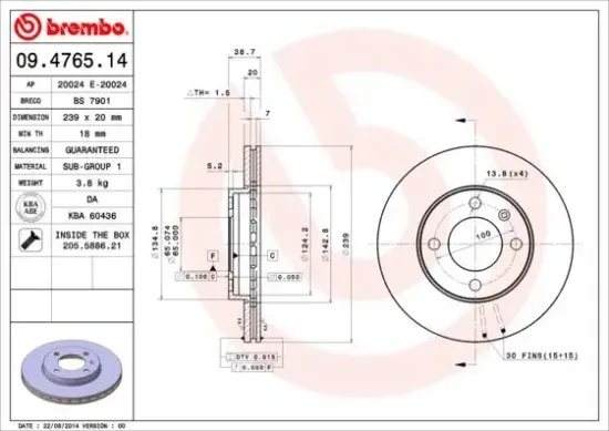 Bremsscheibe Vorderachse BREMBO 09.4765.14 Bild Bremsscheibe Vorderachse BREMBO 09.4765.14