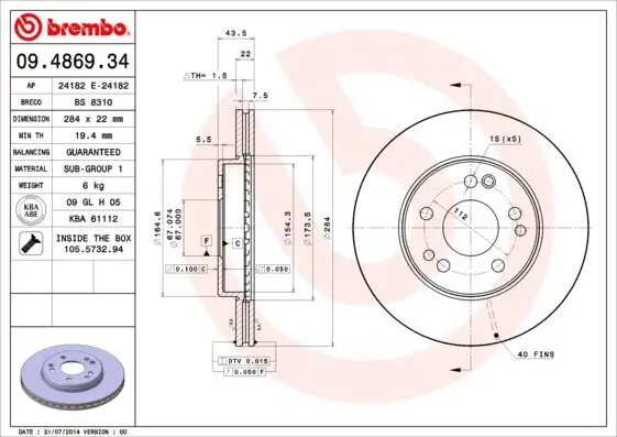 Bremsscheibe Vorderachse BREMBO 09.4869.34