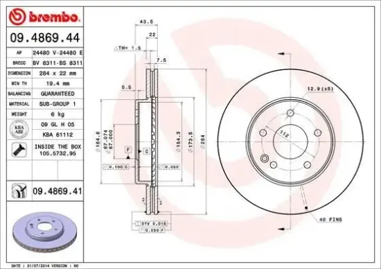 Bremsscheibe Vorderachse BREMBO 09.4869.41 Bild Bremsscheibe Vorderachse BREMBO 09.4869.41