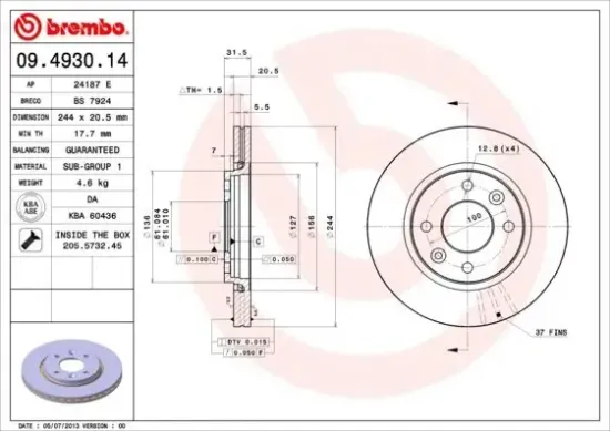 Bremsscheibe Vorderachse BREMBO 09.4930.14 Bild Bremsscheibe Vorderachse BREMBO 09.4930.14