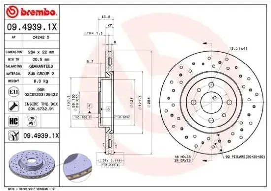 Bremsscheibe Vorderachse BREMBO 09.4939.1X Bild Bremsscheibe Vorderachse BREMBO 09.4939.1X