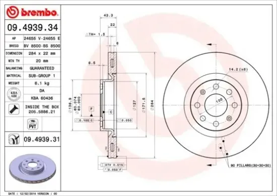 Bremsscheibe Vorderachse BREMBO 09.4939.31 Bild Bremsscheibe Vorderachse BREMBO 09.4939.31