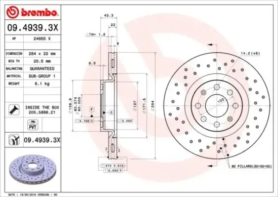 Bremsscheibe Vorderachse BREMBO 09.4939.3X Bild Bremsscheibe Vorderachse BREMBO 09.4939.3X
