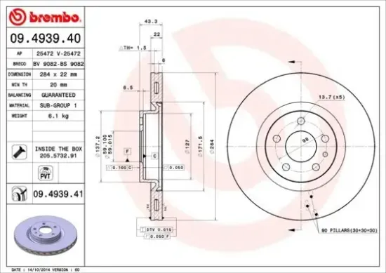 Bremsscheibe Vorderachse BREMBO 09.4939.41 Bild Bremsscheibe Vorderachse BREMBO 09.4939.41