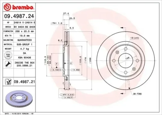 Bremsscheibe Vorderachse BREMBO 09.4987.21 Bild Bremsscheibe Vorderachse BREMBO 09.4987.21