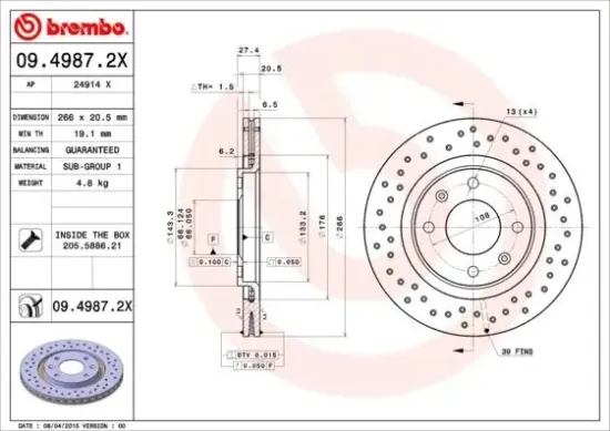 Bremsscheibe Vorderachse BREMBO 09.4987.2X Bild Bremsscheibe Vorderachse BREMBO 09.4987.2X