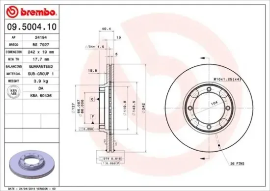 Bremsscheibe BREMBO 09.5004.10 Bild Bremsscheibe BREMBO 09.5004.10