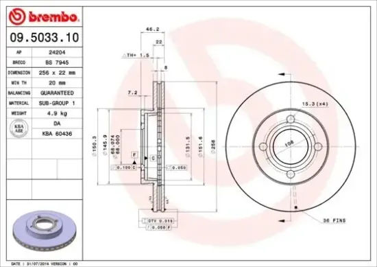 Bremsscheibe Vorderachse BREMBO 09.5033.10 Bild Bremsscheibe Vorderachse BREMBO 09.5033.10