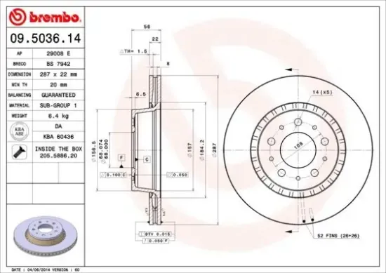 Bremsscheibe Vorderachse BREMBO 09.5036.14 Bild Bremsscheibe Vorderachse BREMBO 09.5036.14