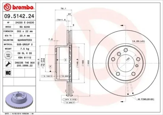 Bremsscheibe BREMBO 09.5142.24 Bild Bremsscheibe BREMBO 09.5142.24