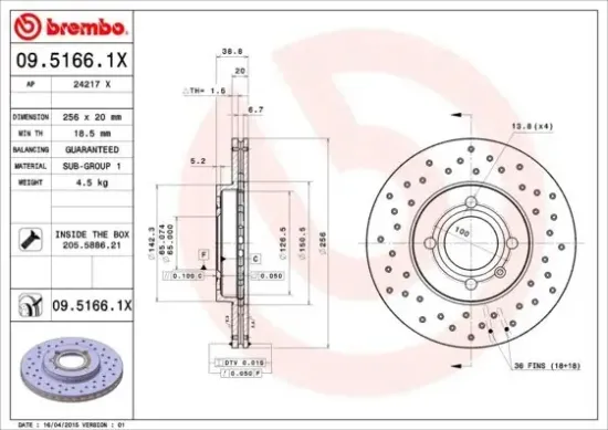 Bremsscheibe Vorderachse BREMBO 09.5166.1X Bild Bremsscheibe Vorderachse BREMBO 09.5166.1X