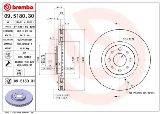 Bremsscheibe BREMBO 09.5180.31 Bild Bremsscheibe BREMBO 09.5180.31