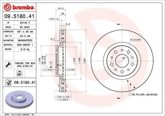 Bremsscheibe Vorderachse BREMBO 09.5180.41 Bild Bremsscheibe Vorderachse BREMBO 09.5180.41