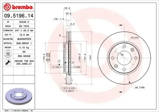 Bremsscheibe Vorderachse BREMBO 09.5196.11 Bild Bremsscheibe Vorderachse BREMBO 09.5196.11