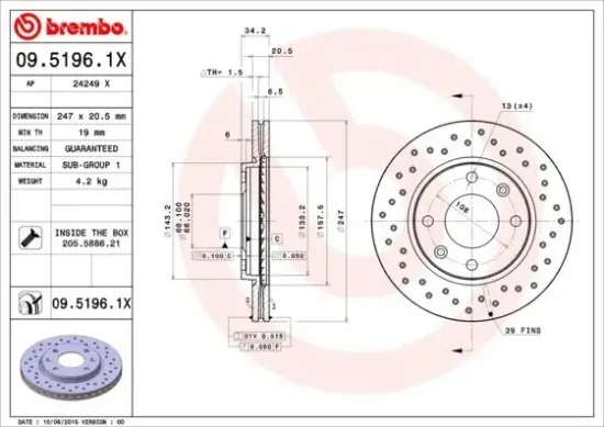 Bremsscheibe Vorderachse BREMBO 09.5196.1X Bild Bremsscheibe Vorderachse BREMBO 09.5196.1X