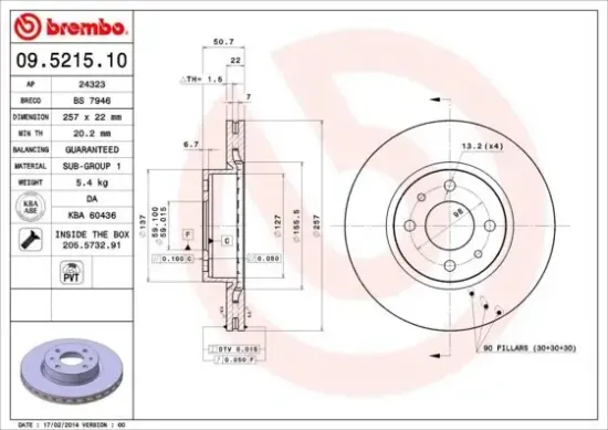 Bremsscheibe Vorderachse BREMBO 09.5215.10 Bild Bremsscheibe Vorderachse BREMBO 09.5215.10