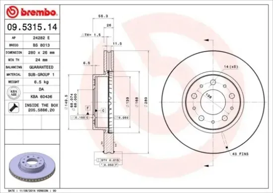 Bremsscheibe Vorderachse BREMBO 09.5315.14 Bild Bremsscheibe Vorderachse BREMBO 09.5315.14