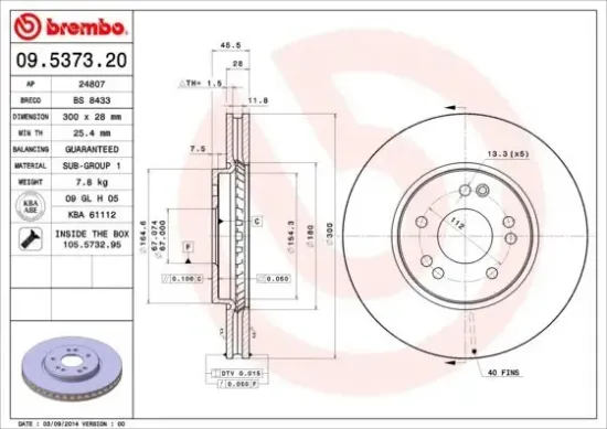 Bremsscheibe Vorderachse BREMBO 09.5373.20 Bild Bremsscheibe Vorderachse BREMBO 09.5373.20