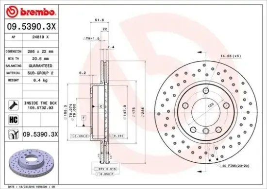 Bremsscheibe Vorderachse BREMBO 09.5390.3X Bild Bremsscheibe Vorderachse BREMBO 09.5390.3X