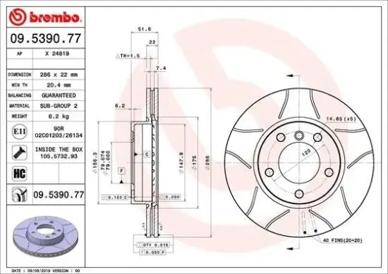 Bremsscheibe Vorderachse BREMBO 09.5390.77 Bild Bremsscheibe Vorderachse BREMBO 09.5390.77