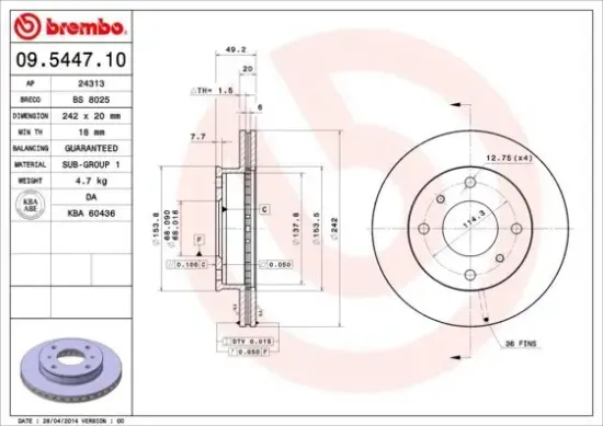 Bremsscheibe Vorderachse BREMBO 09.5447.10 Bild Bremsscheibe Vorderachse BREMBO 09.5447.10