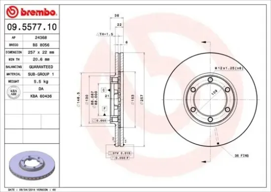 Bremsscheibe BREMBO 09.5577.10 Bild Bremsscheibe BREMBO 09.5577.10