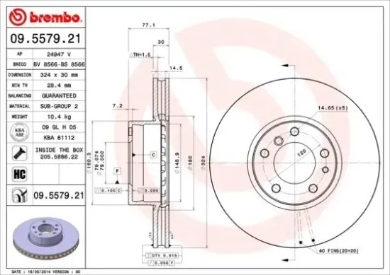 Bremsscheibe Vorderachse BREMBO 09.5579.21 Bild Bremsscheibe Vorderachse BREMBO 09.5579.21