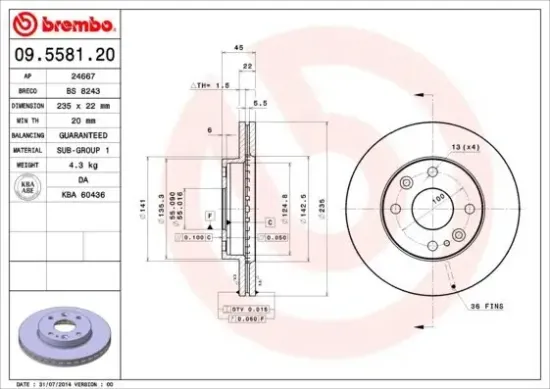 Bremsscheibe Vorderachse BREMBO 09.5581.20 Bild Bremsscheibe Vorderachse BREMBO 09.5581.20