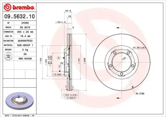Bremsscheibe Vorderachse BREMBO 09.5632.10 Bild Bremsscheibe Vorderachse BREMBO 09.5632.10