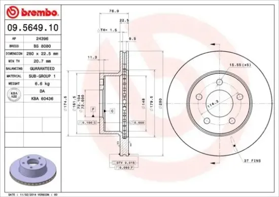 Bremsscheibe Vorderachse BREMBO 09.5649.10 Bild Bremsscheibe Vorderachse BREMBO 09.5649.10