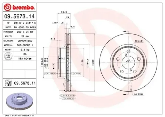 Bremsscheibe Vorderachse BREMBO 09.5673.11 Bild Bremsscheibe Vorderachse BREMBO 09.5673.11