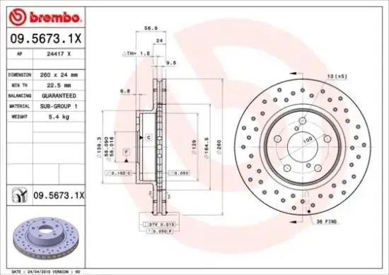 Bremsscheibe Vorderachse BREMBO 09.5673.1X Bild Bremsscheibe Vorderachse BREMBO 09.5673.1X