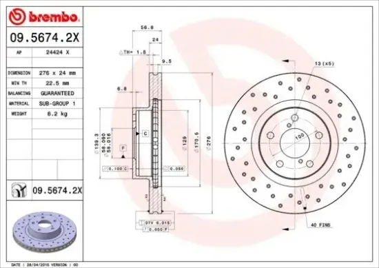 Bremsscheibe Vorderachse BREMBO 09.5674.2X Bild Bremsscheibe Vorderachse BREMBO 09.5674.2X
