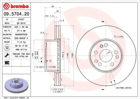 Bremsscheibe Vorderachse BREMBO 09.5704.20 Bild Bremsscheibe Vorderachse BREMBO 09.5704.20