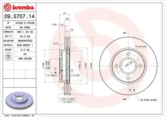 Bremsscheibe Vorderachse BREMBO 09.5707.14 Bild Bremsscheibe Vorderachse BREMBO 09.5707.14