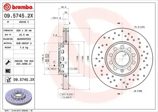 Bremsscheibe BREMBO 09.5745.2X Bild Bremsscheibe BREMBO 09.5745.2X