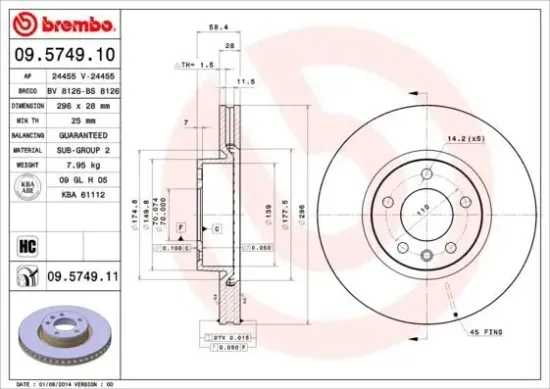 Bremsscheibe Vorderachse BREMBO 09.5749.11 Bild Bremsscheibe Vorderachse BREMBO 09.5749.11
