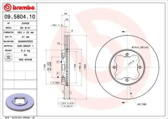 Bremsscheibe Vorderachse BREMBO 09.5804.10 Bild Bremsscheibe Vorderachse BREMBO 09.5804.10